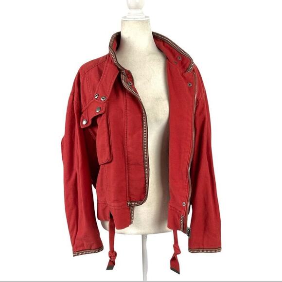 Free People Flight Line Oversized Military Red Bomber Jacket Size XS Embroidered - Picture 12 of 16